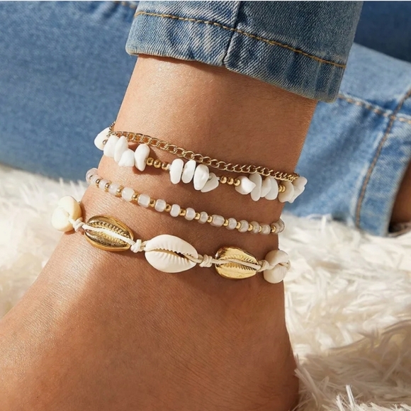 Summer Anklet Set Shell Pukka Gold Beaded - Picture 1 of 4